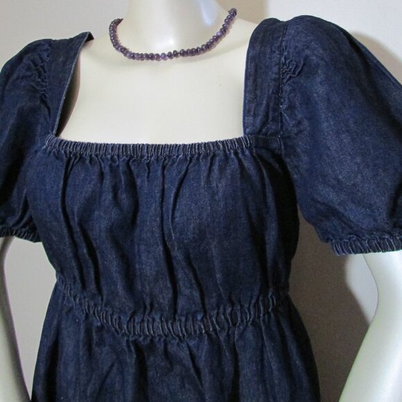 J. Crew Denim Square Neck Popover Mini Dress Puff Sleeves Cotton Linen - Picture 4 of 10
